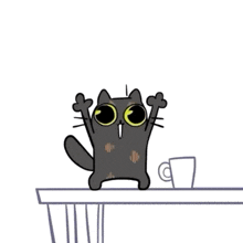 a cartoon cat is standing on a table with its arms up