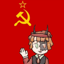 a drawing of a person with horns and a hammer and sickle on a red background .