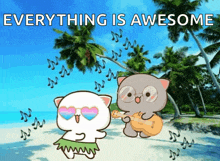 a cartoon cat playing a guitar on a beach with the words everything is awesome