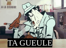 a cartoon character giving a thumbs up in front of a sign that says ta gueule