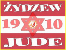 a red and white sign with a star and the words zydzew 19 x 10 jude .