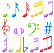 a set of colorful music notes with a treble clef in the middle