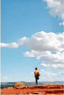 a person with a backpack is standing on a rocky hillside