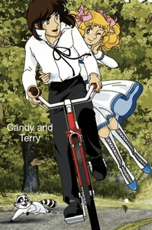 a cartoon of candy and terry on a bicycle