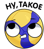 a cartoon illustration of a yellow and blue ball with the words hy takoe above it