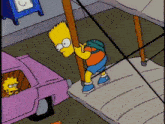 bart simpson is climbing up a pole while lisa looks on