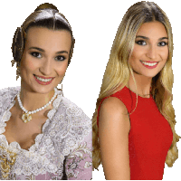 a woman in a white lace top and a woman in a red top