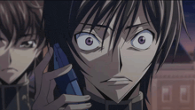 a man with purple eyes is holding a blue object
