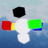 a bunch of different colored cubes floating in the air