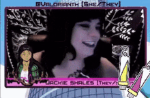 a woman with a tattoo on her arm is smiling in a pixel art video .