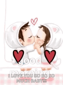 a cartoon of a man and woman kissing with hearts .