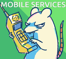 a cartoon of a mouse holding a cell phone with the words mobile services written above it