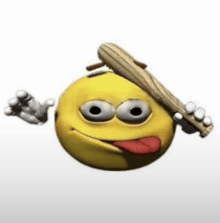 a yellow smiley face is sticking its tongue out while holding a baseball bat .