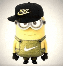 the minion is wearing a nike hat and overalls .