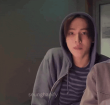a person wearing a hoodie with the name seunghanify written on the bottom