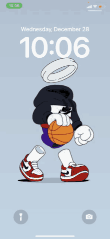 a phone screen shows a cartoon character holding a basketball on wednesday december 28th