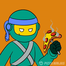 a cartoon of a ninja holding a slice of pizza with the words pizza ninjas on the bottom