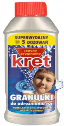 a bottle of kret granulki has a picture of a young boy on the label