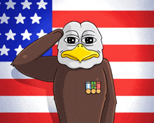 a cartoon bald eagle saluting in front of an american flag