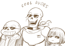 a drawing of three skeletons with the words cool dudes written above them