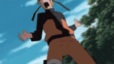 a cartoon character is screaming in the air while standing in front of a tree .