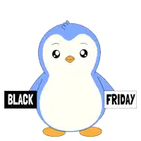 a blue and white penguin is holding a sign that says friday