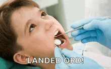 a young boy is getting his teeth examined by a dentist and the words landed ord are visible .