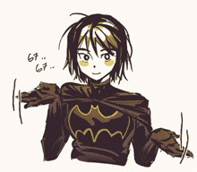 a drawing of a girl in a batman costume with the number 67 written on the bottom