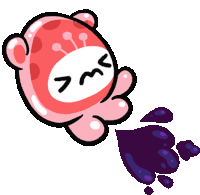 a cartoon drawing of a pink jellyfish with a face that says ' xm ' on it