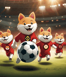 a group of cartoon dogs wearing red shirts with a yellow x on them are running with a soccer ball