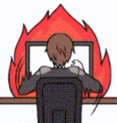 a cartoon of a man sitting in front of a computer with flames behind him .