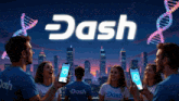 a group of people wearing dash shirts are holding phones in front of a city skyline
