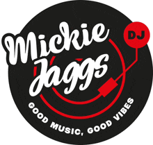 a black and red logo for michie jaggs