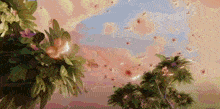 a painting of flowers and palm trees with a cloudy sky in the background