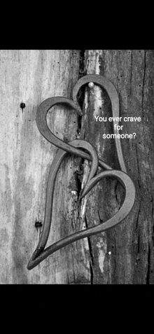 a black and white photo of two horseshoe hearts hanging from a wooden post .