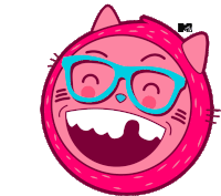 a cartoon cat wearing glasses and a mtv logo behind it