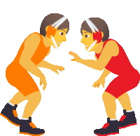 two wrestlers wearing orange and red uniforms are wrestling