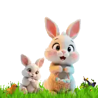 two bunny rabbits are standing in the grass one is holding a basket full of eggs