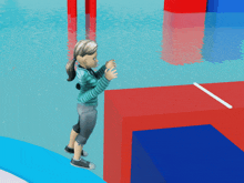 a cartoon girl is standing on a red and blue block in a pool