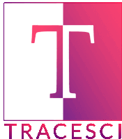 a pink and white logo for tracesci with the letter t in the middle