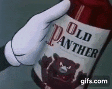 a cartoon character is holding a bottle of old panther whiskey