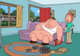 peter griffin is sitting on a couch in a family guy cartoon while lois stands next to him .