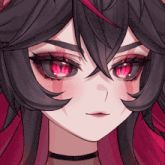 a close up of a person 's face with red eyes