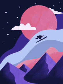 an illustration of a person skiing down a mountain with a pink sun in the background