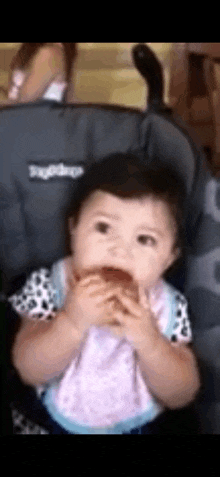 a baby is sitting in a stroller eating a donut