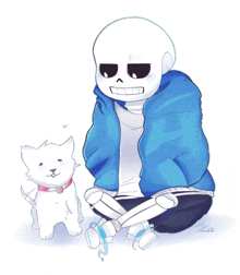 a drawing of a skeleton sitting next to a small white dog with a red collar