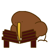 a cartoon drawing of a brown bird with a yellow beak sitting on a bench