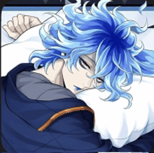 a man with blue hair is laying on a bed with a pillow .
