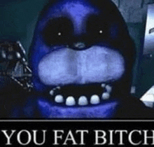 a picture of bonnie from five nights at freddy 's with the words `` you fat bitch '' on it .