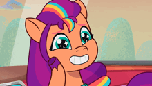 a cartoon pony with purple hair and blue eyes